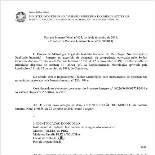 Portaria DIMEL/INMETRO 35:2016 - Situação: Em vigor