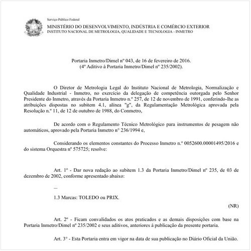 Portaria DIMEL/INMETRO 43:2016 - Situação: Em vigor
