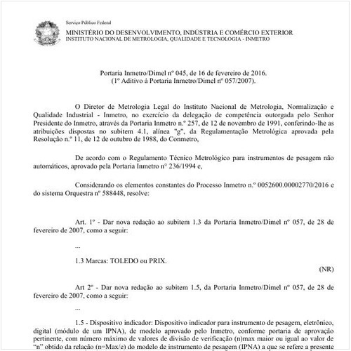 Portaria DIMEL/INMETRO 45:2016 - Situação: Em vigor