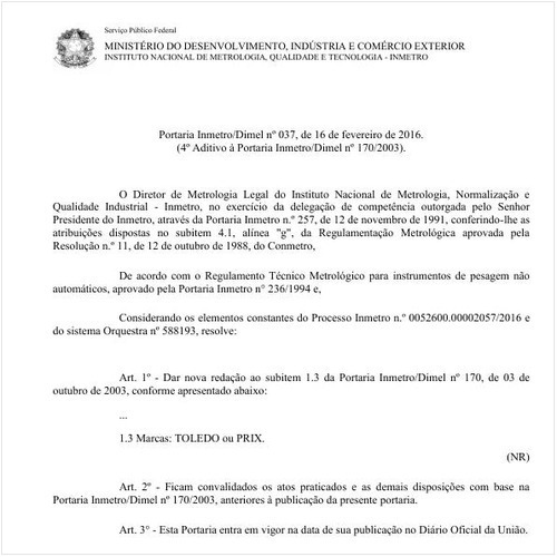 Portaria DIMEL/INMETRO 37:2016 - Situação: Em vigor