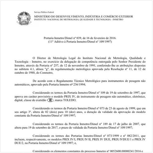 Portaria DIMEL/INMETRO 39:2016 - Situação: Em vigor