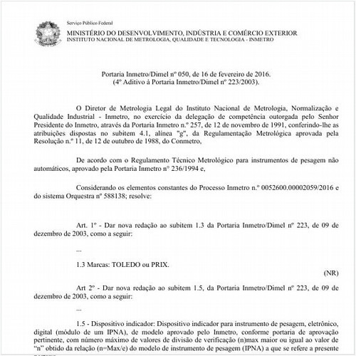 Portaria DIMEL/INMETRO 50:2016 - Situação: Em vigor