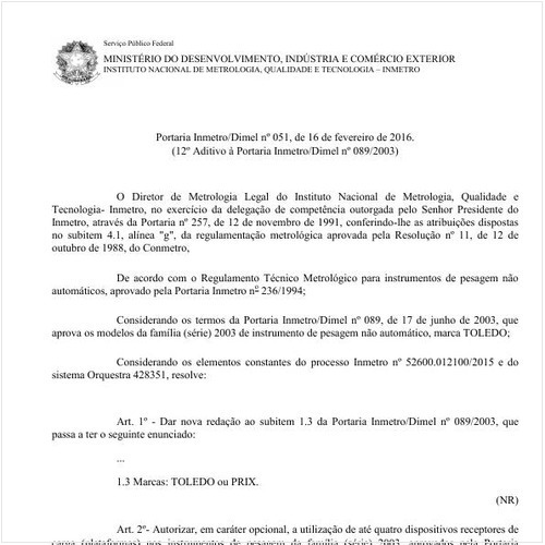 Portaria DIMEL/INMETRO 51:2016 - Situação: Em vigor