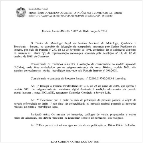Portaria DIMEL/INMETRO 62:2016 - Situação: Em vigor