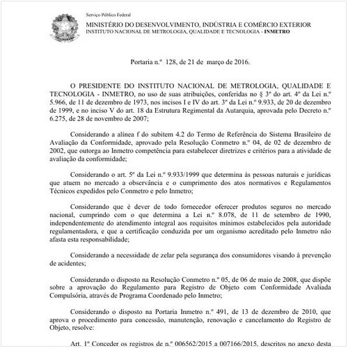 Portaria INMETRO/INMETRO 128:2016 - Situação: Em vigor