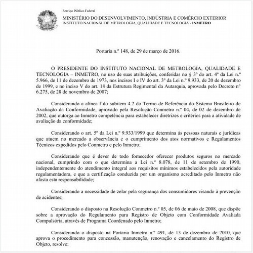 Portaria INMETRO/INMETRO 148:2016 - Situação: Em vigor