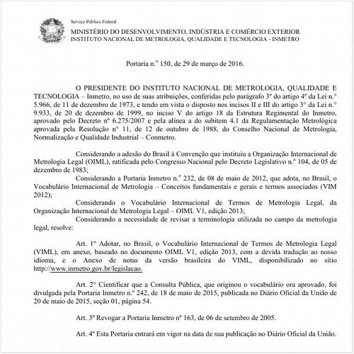 Portaria INMETRO/MDIC 150:2016 - Situação: Revisto