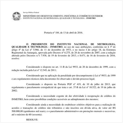 Portaria INMETRO/MDIC 184:2016 - Situação: Revogado