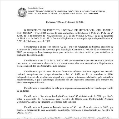 Portaria INMETRO/INMETRO 229:2016 - Situação: Em vigor