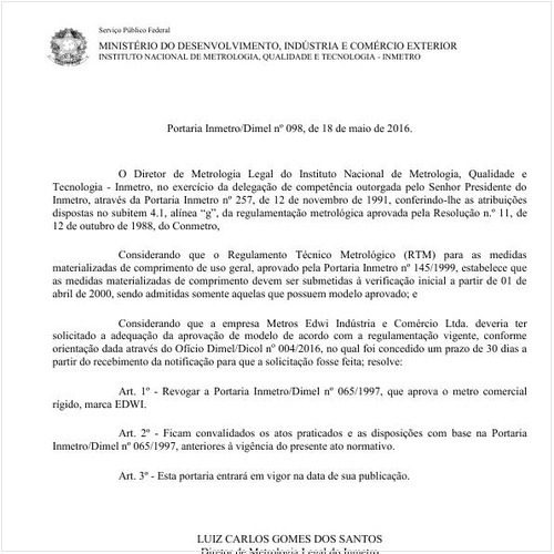 Portaria DIMEL/INMETRO 98:2016 - Situação: Em vigor