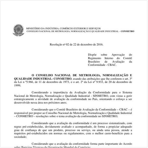 Resolução CONMETRO/MDIC 2:2016 - Situação: Em vigor