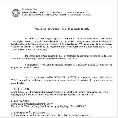 Portaria DIMEL/INMETRO 136:2016 - Situação: Em vigor
