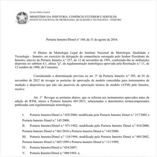 Portaria DIMEL/INMETRO 160:2016 - Situação: Em vigor
