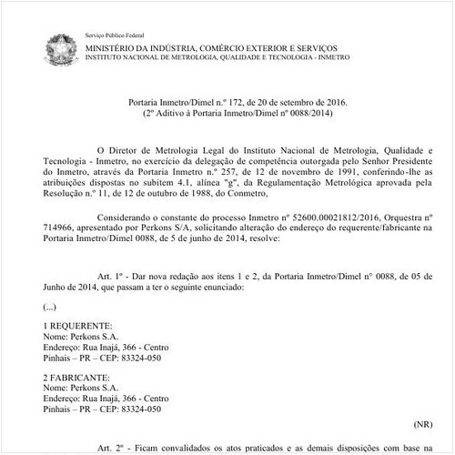 Portaria DIMEL/INMETRO 172:2016 - Situação: Em vigor