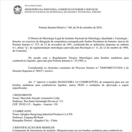 Portaria DIMEL/INMETRO 186:2016 - Situação: Em vigor