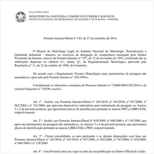 Portaria DIMEL/INMETRO 185:2016 - Situação: Em vigor