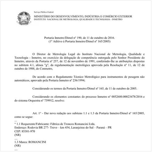Portaria DIMEL/INMETRO 190:2016 - Situação: Em vigor