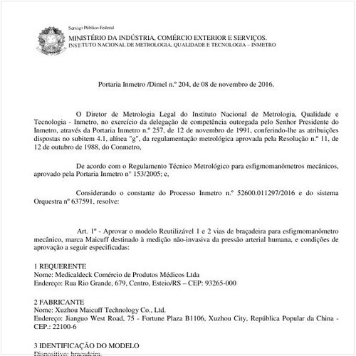 Portaria DIMEL/INMETRO 204:2016 - Situação: Em vigor
