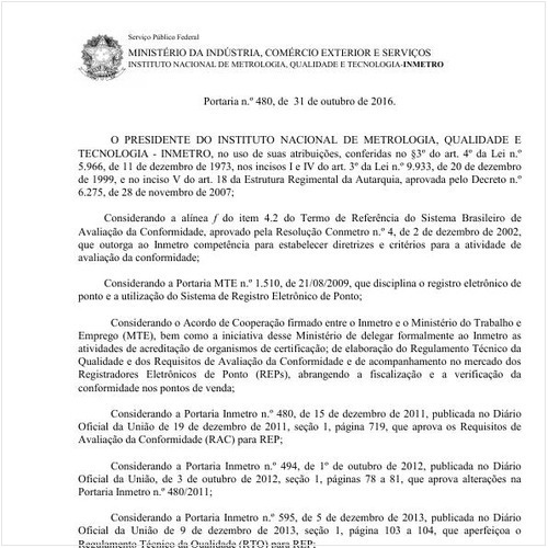 Portaria INMETRO/MDIC 480:2016 - Situação: Em vigor