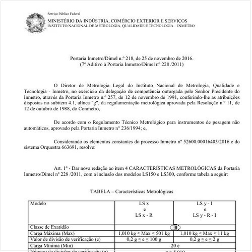 Portaria DIMEL/INMETRO 218:2016 - Situação: Em vigor