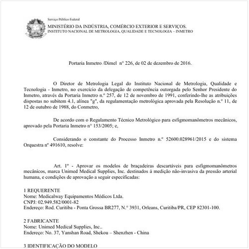 Portaria DIMEL/INMETRO 226:2016 - Situação: Em vigor
