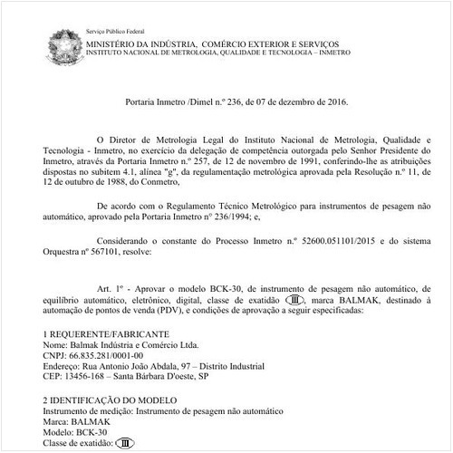 Portaria DIMEL/INMETRO 236:2016 - Situação: Em vigor