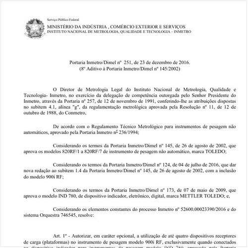 Portaria DIMEL/INMETRO 251:2016 - Situação: Em vigor