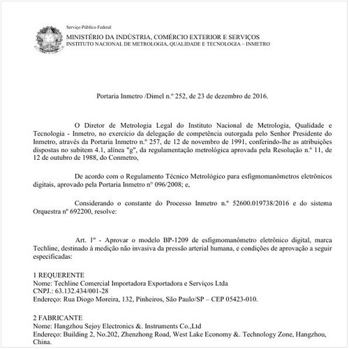 Portaria DIMEL/INMETRO 252:2016 - Situação: Em vigor