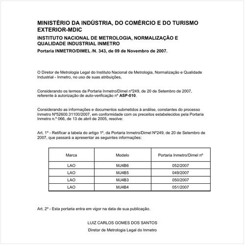 Portaria DIMEL/INMETRO 343:2007 - Situação: Revogado