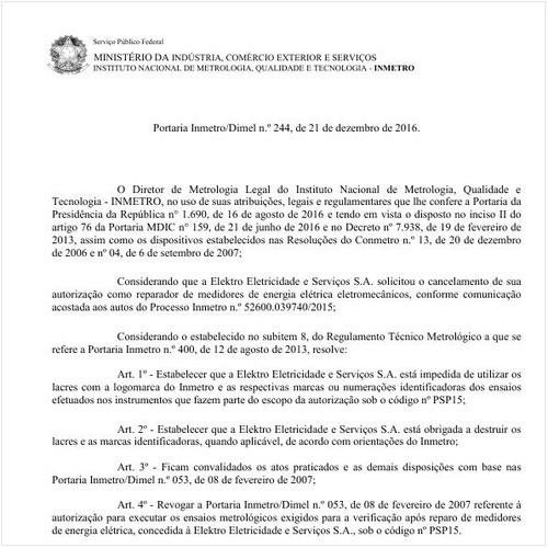 Portaria DIMEL/INMETRO 244:2016 - Situação: Em vigor