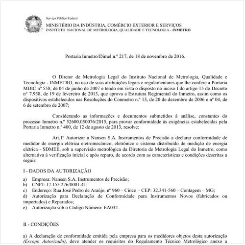Portaria DIMEL/INMETRO 217:2016 - Situação: Em vigor