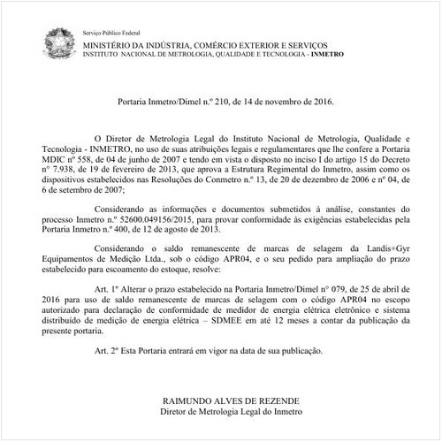 Portaria DIMEL/INMETRO 210:2016 - Situação: Em vigor