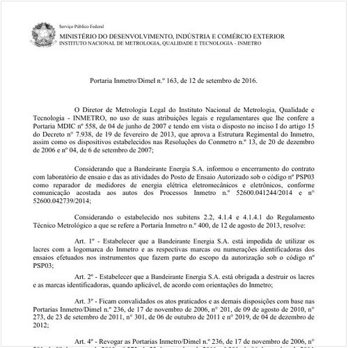 Portaria DIMEL/INMETRO 163:2016 - Situação: Em vigor
