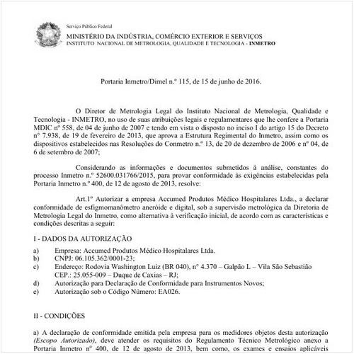 Portaria DIMEL/INMETRO 115:2016 - Situação: Em vigor