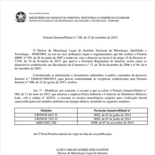 Portaria DIMEL/INMETRO 190:2015 - Situação: Revogado