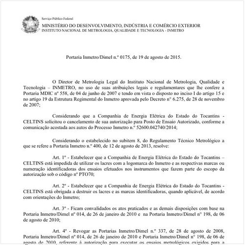 Portaria DIMEL/INMETRO 175:2015 - Situação: Em vigor