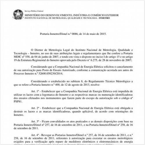 Portaria DIMEL/INMETRO 86:2015 - Situação: Em vigor