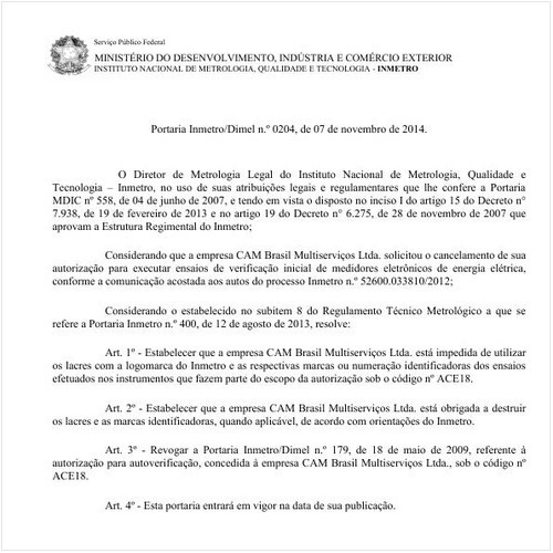 Portaria DIMEL/INMETRO 204:2014 - Situação: Em vigor