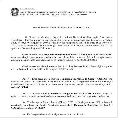 Portaria DIMEL/INMETRO 279:2013 - Situação: Em vigor