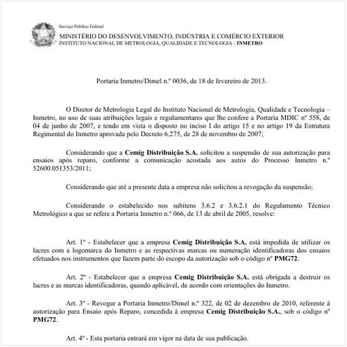 Portaria DIMEL/INMETRO 36:2013 - Situação: Em vigor