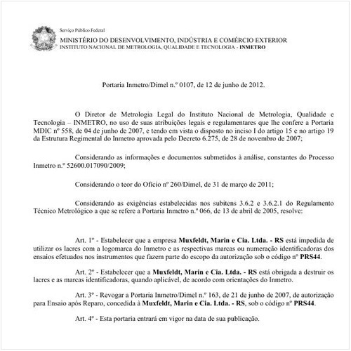 Portaria INMETRO/DIMEL 107:2012 - Situação: Em vigor