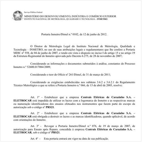 Portaria INMETRO/DIMEL 102:2012 - Situação: Em vigor