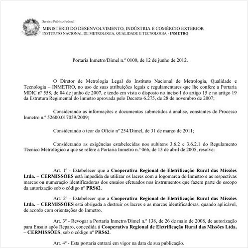 Portaria INMETRO/DIMEL 100:2012 - Situação: Em vigor