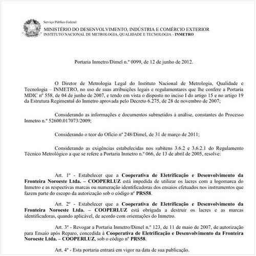 Portaria INMETRO/DIMEL 99:2012 - Situação: Em vigor