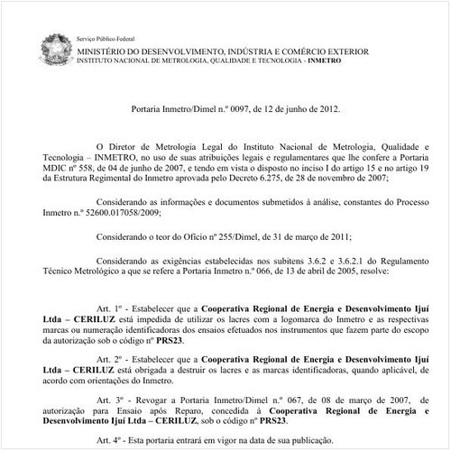 Portaria INMETRO/DIMEL 97:2012 - Situação: Em vigor
