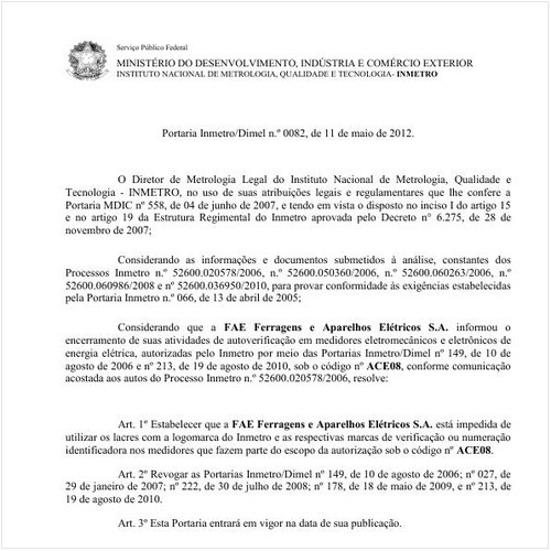 Portaria INMETRO/DIMEL 82:2012 - Situação: Em vigor