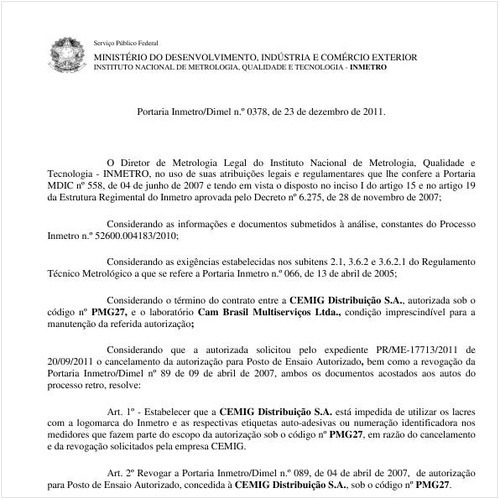 Portaria INMETRO/DIMEL 378:2011 - Situação: Em vigor