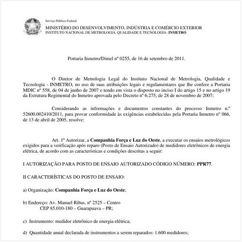 Portaria INMETRO/DIMEL 255:2011 - Situação: Em vigor