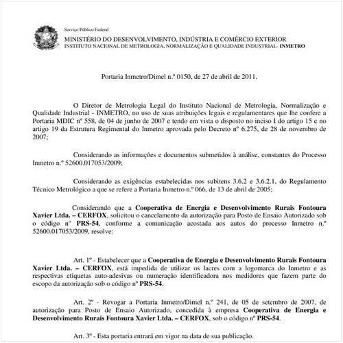 Portaria INMETRO/DIMEL 150:2011 - Situação: Em vigor