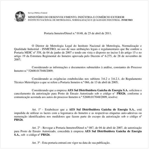 Portaria INMETRO/DIMEL 148:2011 - Situação: Em vigor